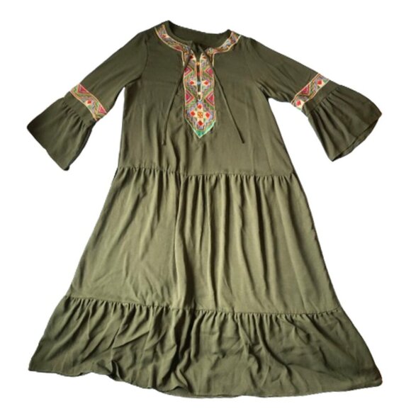 Maxi boho flounce sleeve embroidery applique drop waist flounce sleeve dress - Picture 12 of 15